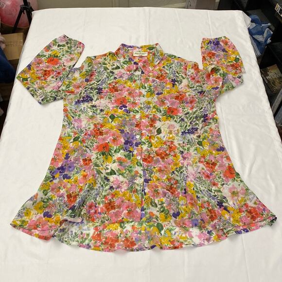 Norm Thompson Escape Ordinary Women Floral Sheer Blouse Top Button M Boho Hi Low - Picture 8 of 14